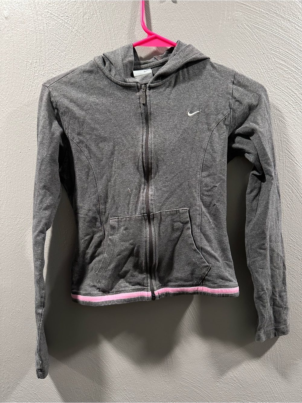 Nike Gray Zip-Up Hoodie Jacket with Pink Hem Accent